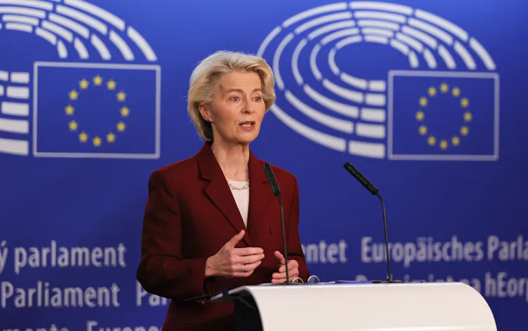Ursula von der Leyen delivers a statement at the European Parliament in Strasbourg.