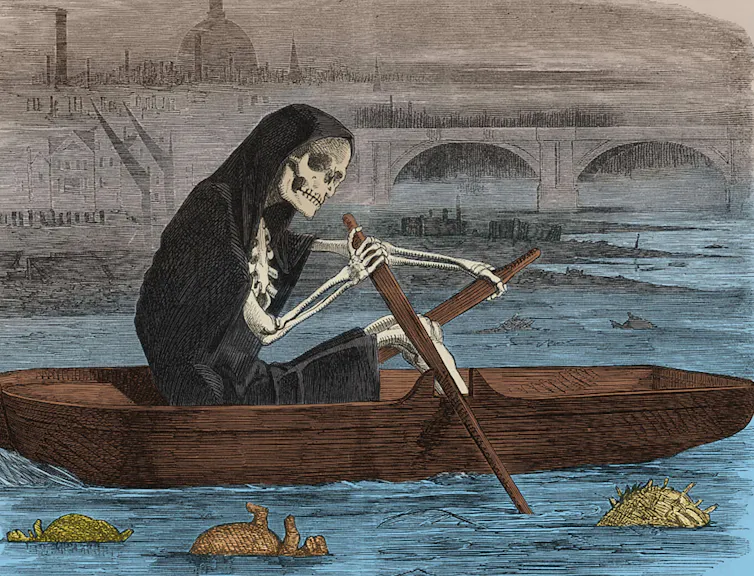Illustration of death rowing a boat through the Thames