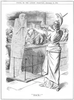 Tenniel’s illustration personifies cholera as a spectral figure attempting to enter Britian on a ship from abroad. Britannia holds out her hand, refusing entry to the migrant cholera, to prevent the spread of the disease