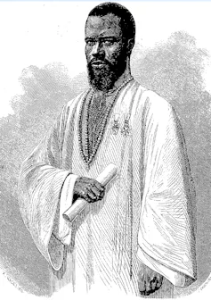 A drawing of a man in a white robe.