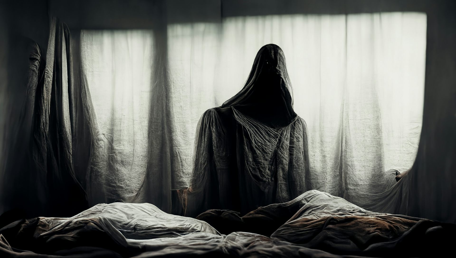 A depiction of a night terror, in which a hooded ghostly figures stands next to a bed and looks down at the people sleeping in it.