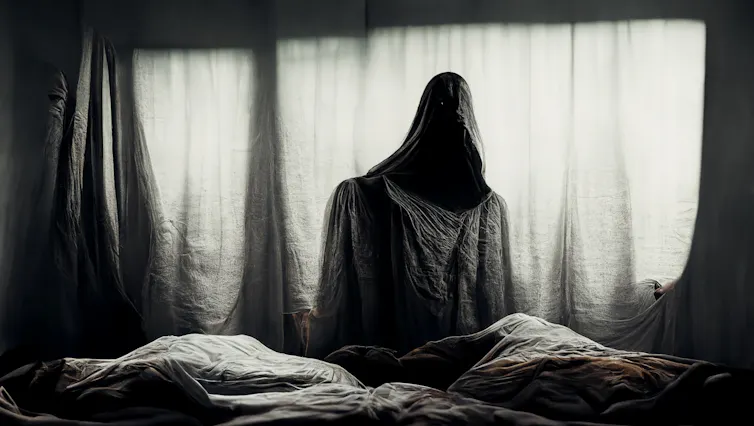 A depiction of a night terror, in which a hooded ghostly figures stands next to a bed and looks down at the people sleeping in it.