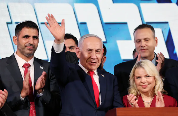 Benjamin Netanyahu addresses supporters at a Likud party event in Jerusalem.