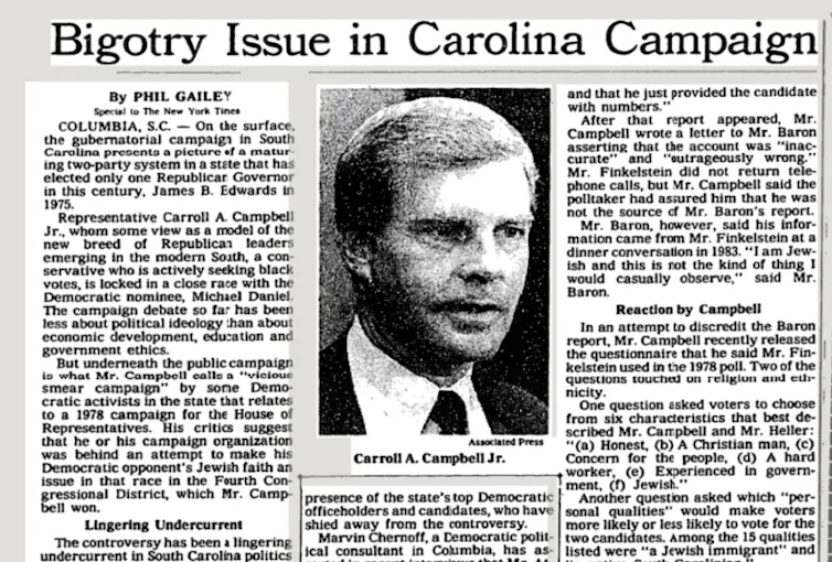A clipping from the New York Times with the headline 'Bigotry Issue in Carolina Campaign.'