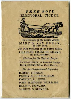 A yellowed ballot with 'FREE SOIL ELECTORAL TICKET' and a farmer driving a horse-drawn plow.